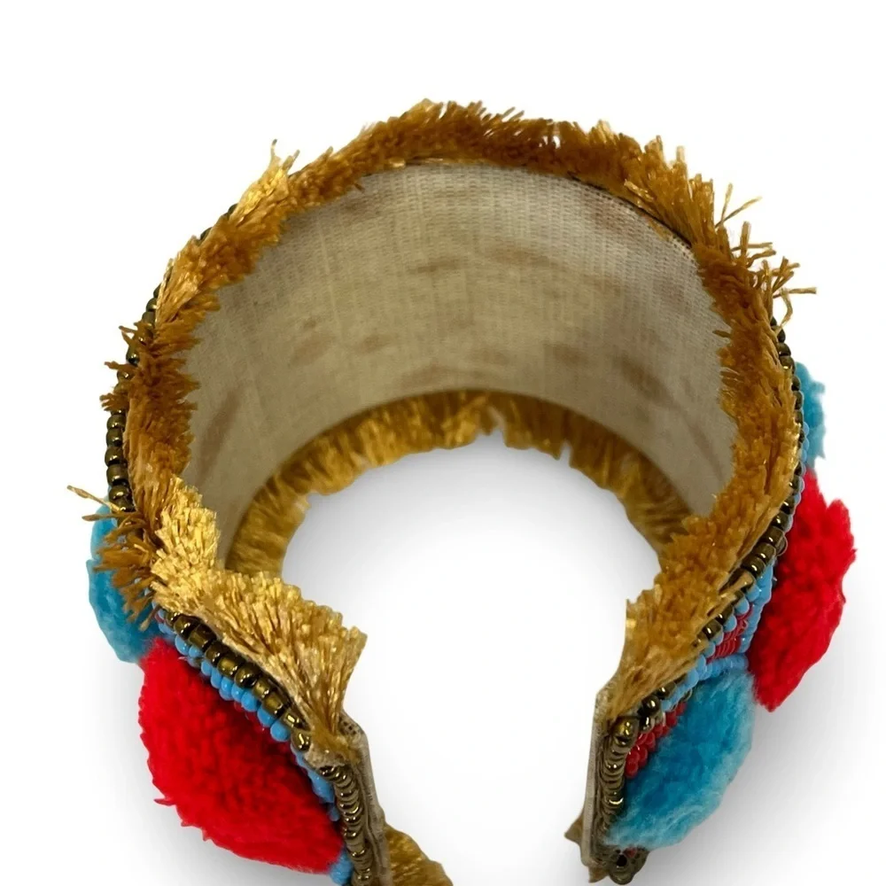 Colorful Beaded Pom-Pom Bracelet Blue and Red